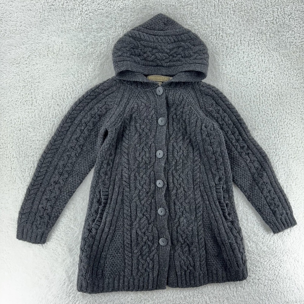 vtg INIS CRAFTS MERINO WOOL 3D CABLE-KNIT HOODED CARDIGAN COATIGAN SWEATER XS